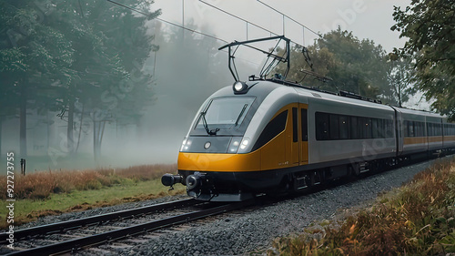 open environment of beautiful nature with modern electric train, atmosphere of the day, railway, train travels on railway