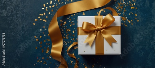 White gift box with golden ribbon bow on blue background with confetti. Christmas present, valentine day surprise, birthday concept. Flat lay, top 