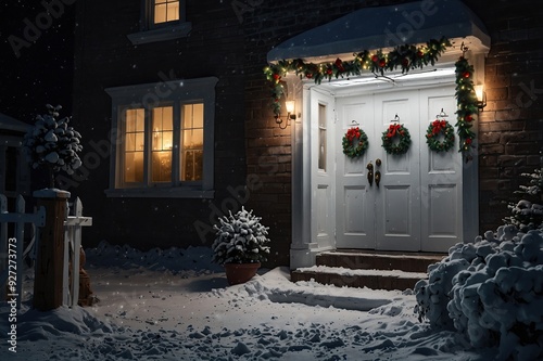 White front door with Christmas wreath and festive decorations on holidays at snowy night