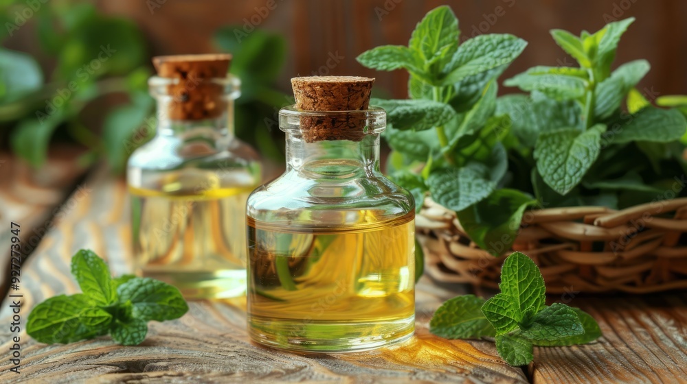 Essential oil bottles and fresh mint leaves. Close-up of two glass bottles with cork tops filled with golden essential oil next to a basket of fresh mint leaves on a wooden surface. Essential oil bottles and fresh mint leaves. Close-up of two glass bottles with cork tops filled with golden essential oil next to a basket of fresh mint leaves on a wooden surface.