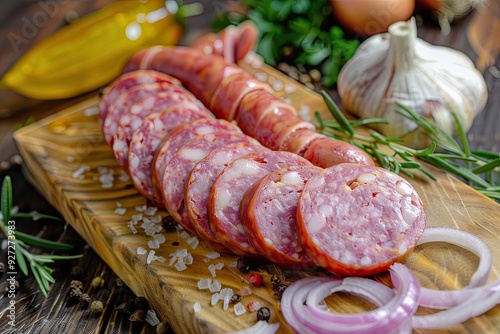 Calabrese sausage slices with onion on wood photo