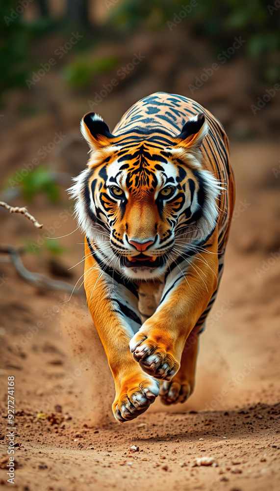 Fototapeta premium A tiger is running through a dirt road