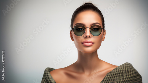 Elegant round sunglasses with green tinted lenses, worn by a model exuding confidence and modern sophistication. photo