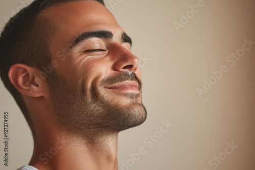 A close up of a man's face with her eyes closed