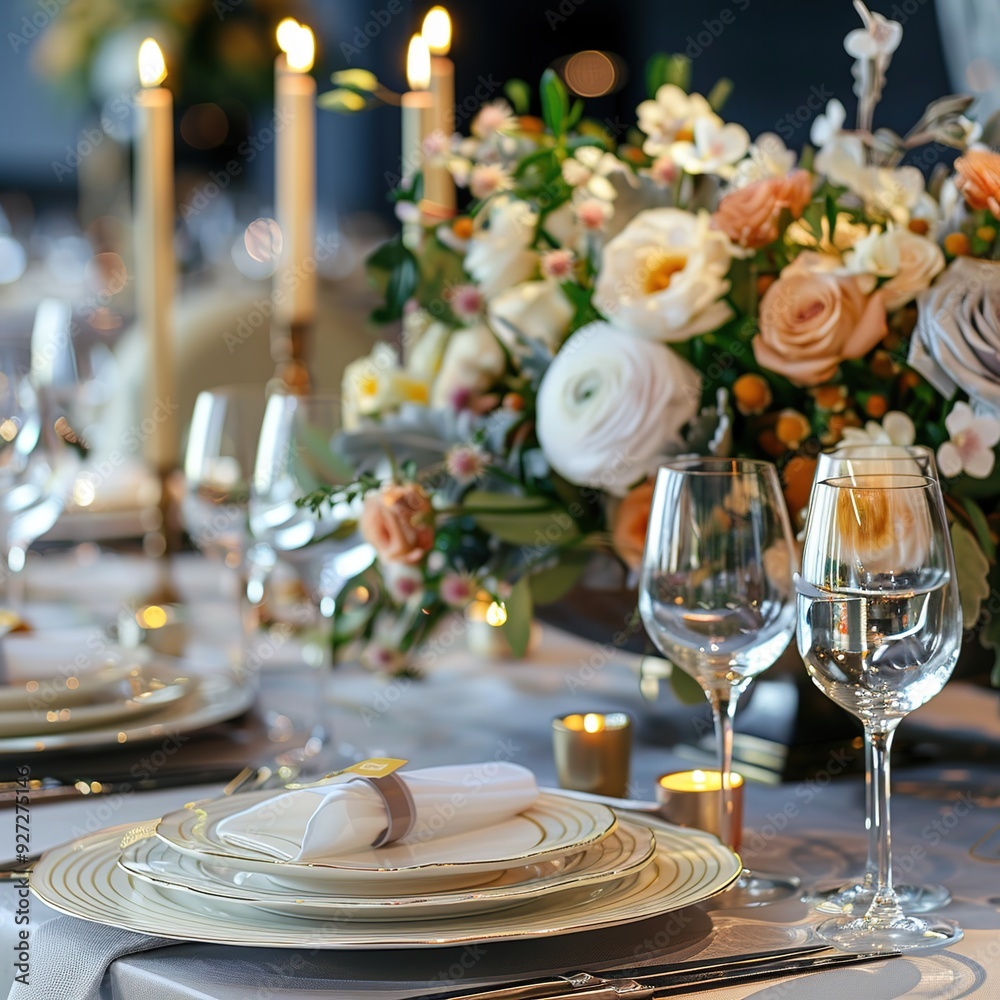 Fototapeta premium Elegant dining setup with floral centerpiece and candles for a formal event.