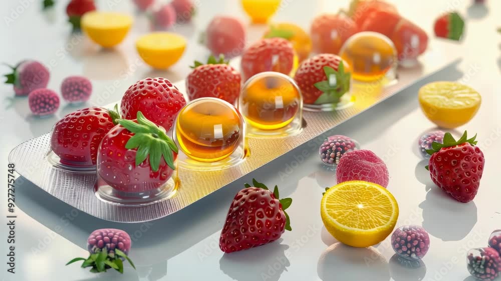 Natural Fruit Vitamin Pills Blister Pack with Fresh Strawberries, Raspberries, and Citrus; Healthy Supplement Concept, Daytime Bright Setting