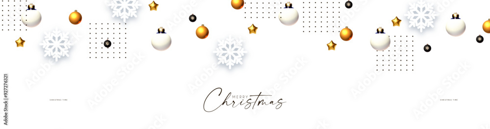 Naklejka premium Christmas and New Year background. Winter halftone decoration. Elegant border with balls and stars. Gold and snow