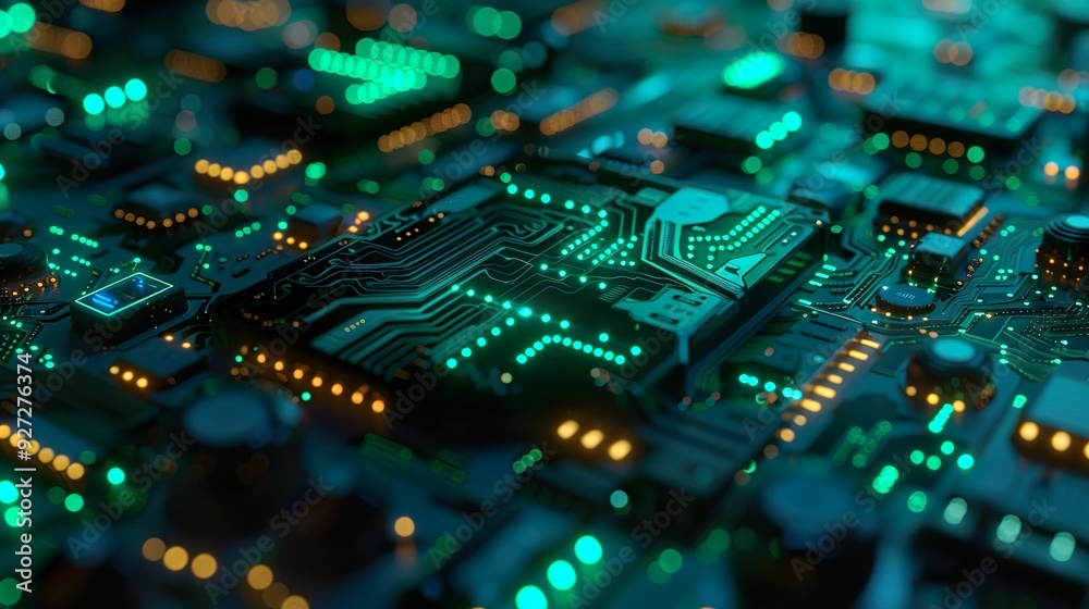 A generative AI illustration of a futuristic circuit board with vibrant green and cyan lights, with 3D elements and layers creating a sense of depth and complexity. A generative AI illustration of a futuristic circuit board with vibrant green and cyan lights, with 3D elements and layers creating a sense of depth and complexity.