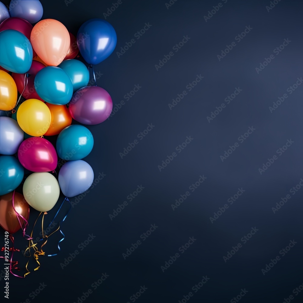 Colorful balloons in shades of blue, purple, and gold arranged on a dark blue background. Featuring two gold ribbons at the bottom. Perfect for festive occasions and celebrations. Colorful balloons in shades of blue, purple, and gold arranged on a dark blue background. Featuring two gold ribbons at the bottom. Perfect for festive occasions and celebrations.
