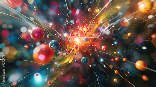 Colorful visualization of various particles including quarks electrons and positrons