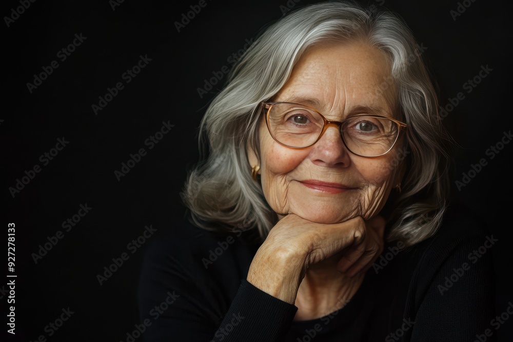 elderly woman with glasses, smiling and resting her chin on one hand, captured in soft lighting against a dark background elderly woman with glasses, smiling and resting her chin on one hand, captured in soft lighting against a dark background