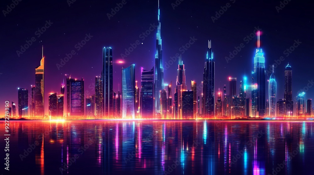 A nighttime view of the Dubai skyline, illuminated by vibrant neon lights, set against a dark background, creating a striking horizontal cityscape banner of the United Arab Emirates. A nighttime view of the Dubai skyline, illuminated by vibrant neon lights, set against a dark background, creating a striking horizontal cityscape banner of the United Arab Emirates.