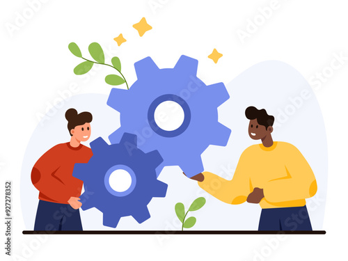 Business project development, optimization. Tiny people of maintenance support service holding gears to optimize efficiency of operation and product, implement and install cartoon vector illustration