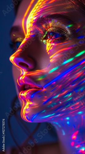 Colorful light patterns dance across a woman's face, creating a captivating visual effect in artistic expression