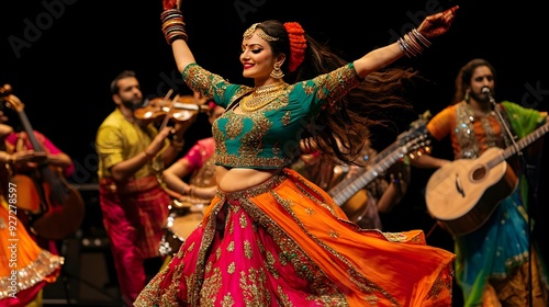Vibrant Bollywood Dance Performance with Live Musicians on Stage