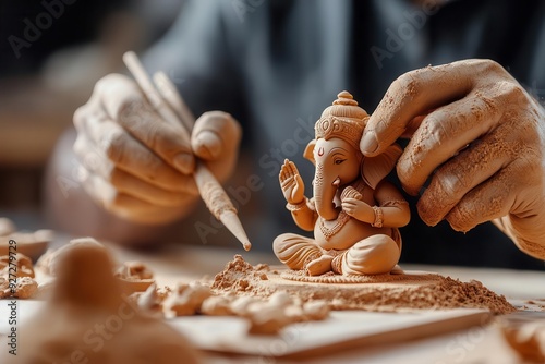 Artist sculpting a clay idol of Lord Ganesha in preparation for Ganesh Chaturthi, with detailed focus on craftsmanship and cultural tradition photo