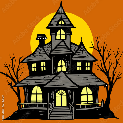  a spooky, haunted house with a classic, eerie design. The house is dark gray with multiple peaked roofs and a central tower. The windows are glowing yellow, giving the impression of light coming from