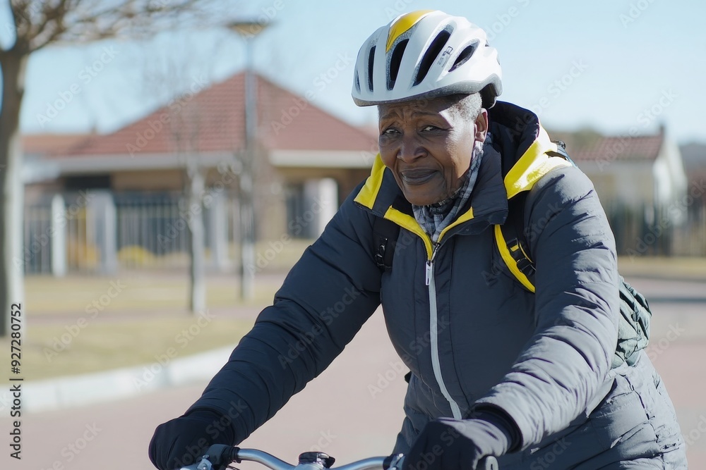 Elderly Woman in a Helmet on a Bicycle Elderly Woman in a Helmet on a Bicycle