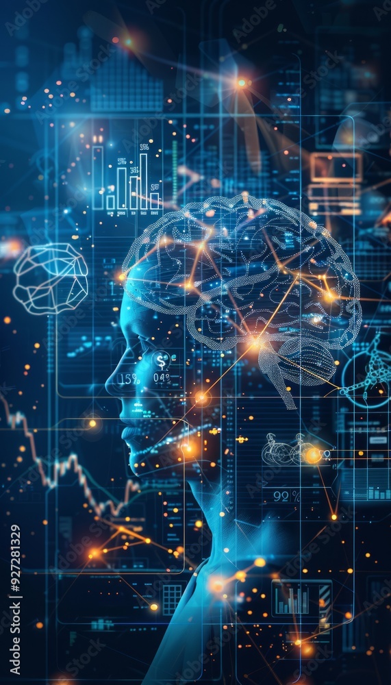 A silhouette of a human head displaying neural connections and data analytics against a high-tech background A silhouette of a human head displaying neural connections and data analytics against a high-tech background