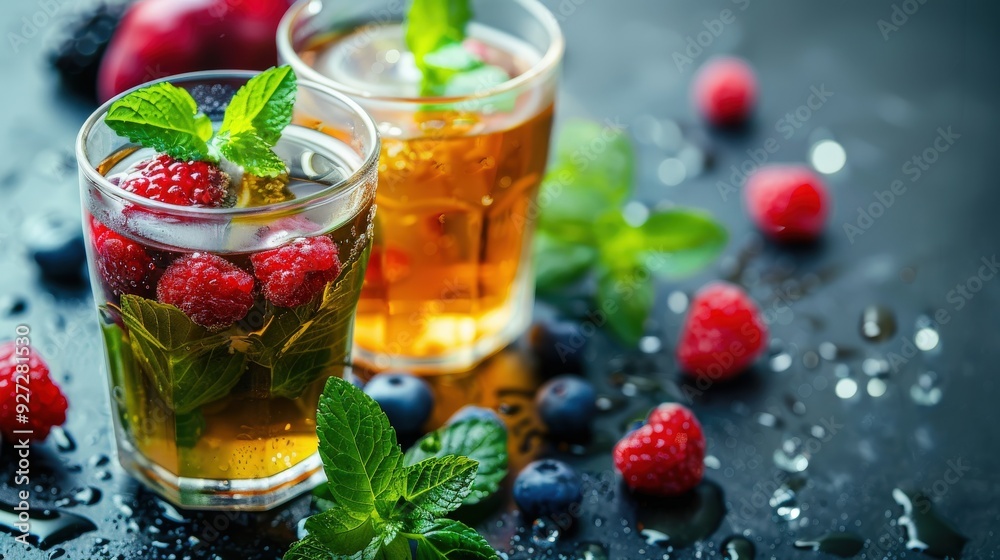 Two glasses of tea with raspberries and mint on a table