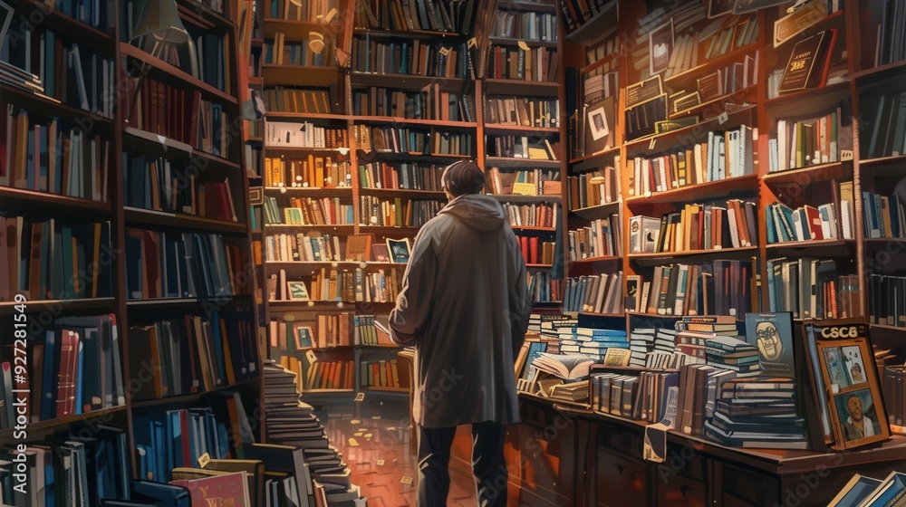 Fototapeta premium A man is walking through a library with many books