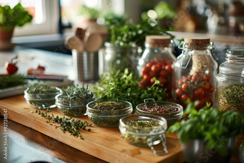 A wooden table with a variety of herbs and spices in glass jars and bowls