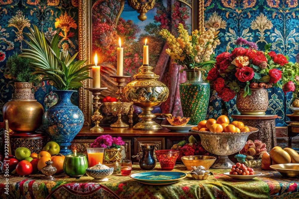 Obraz premium Maximalist Opulence: Layers of textures, bold patterns, and luxurious materials on tabletops and surfaces, embracing a maximalist and opulent style.