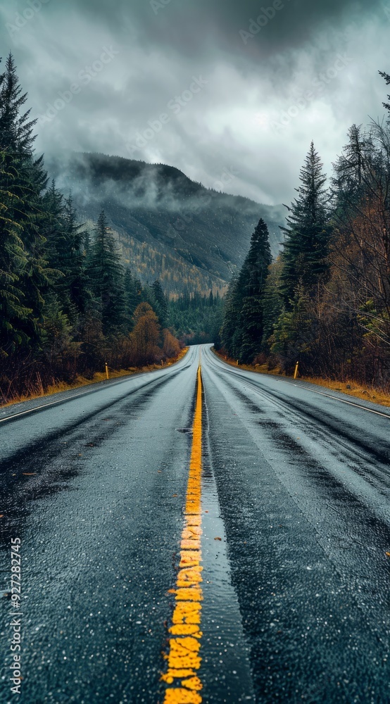 A long, wet road stretches into the misty mountains, surrounded by dark trees and a cloudy sky A long, wet road stretches into the misty mountains, surrounded by dark trees and a cloudy sky