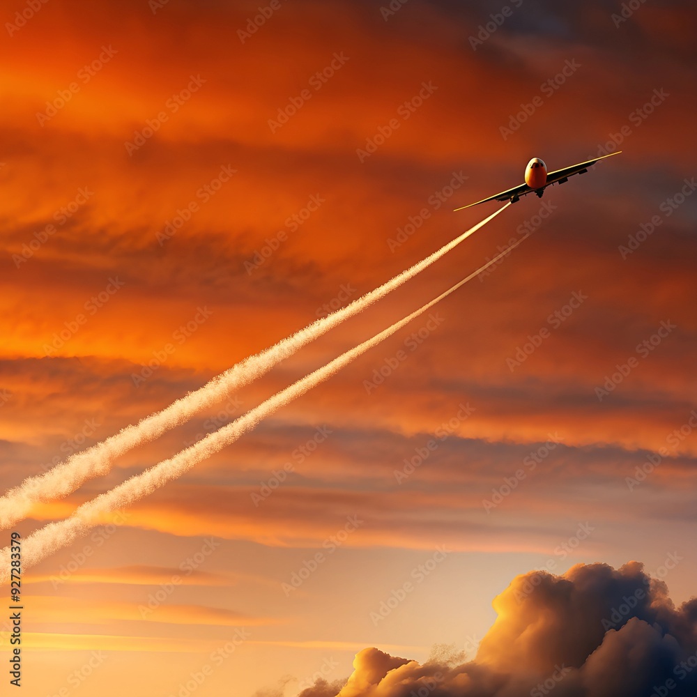 Obraz premium an airplane flying in the sunset sky, leaving its long air trail behind