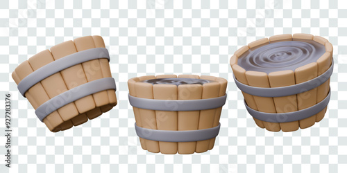 Round wooden bathtub with clear water. Barrel for bathing, washing