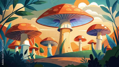 mushroom city of huge mushroom columns in retro style