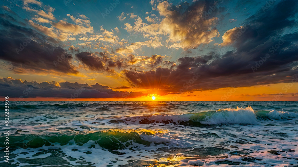 Sunset Over the Sea With Vibrant Colors and Waves Crashing Against the Shore Sunset Over the Sea With Vibrant Colors and Waves Crashing Against the Shore