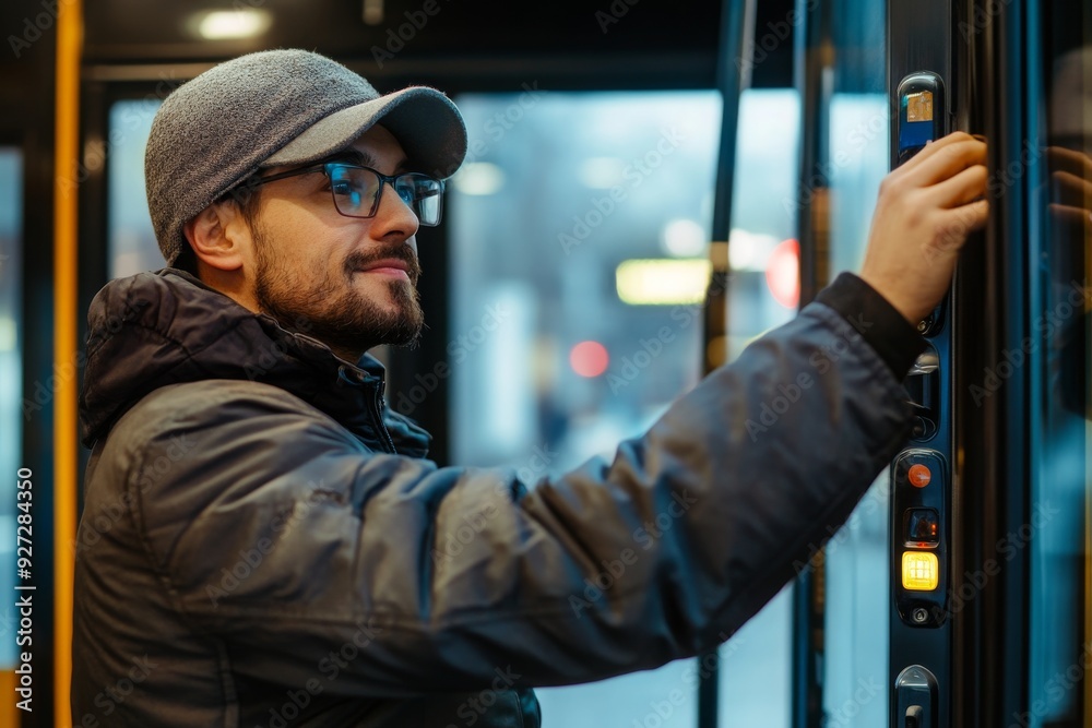 Man in a Gray Hat Entering a Bus or Train Man in a Gray Hat Entering a Bus or Train