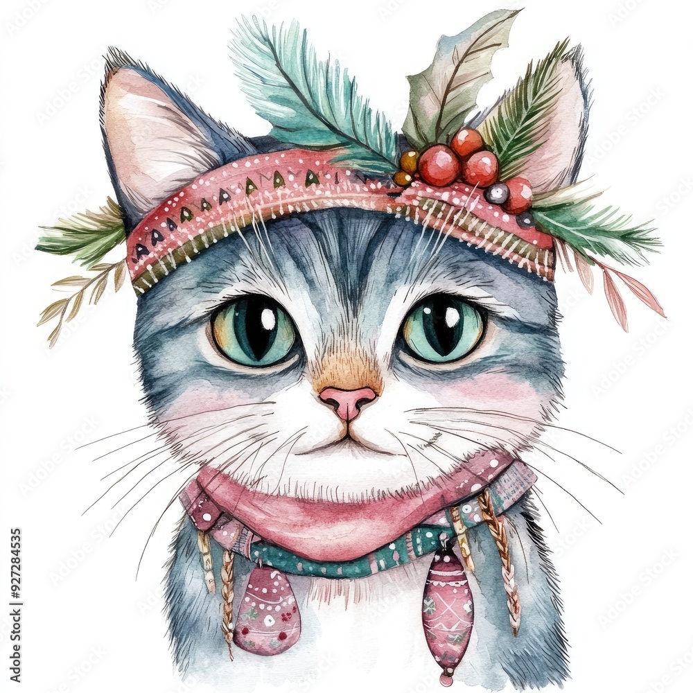 Watercolor Cat with Christmas Wreath and Scarf. Watercolor Cat with Christmas Wreath and Scarf.