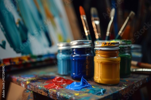 Vibrant paint jars and brushes on a cluttered artist's palette in a cozy studio