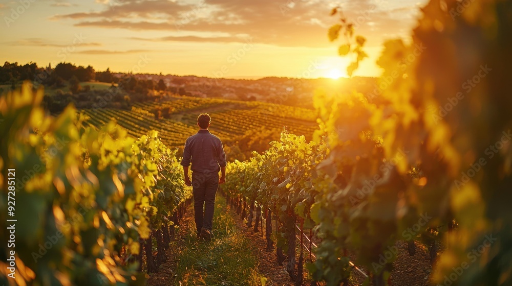Golden Rays Bathe Vineyard as Man Walks Toward Sunset Golden Rays Bathe Vineyard as Man Walks Toward Sunset