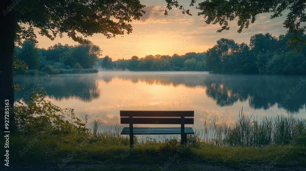 Golden Sunset Embraces Tranquil Lake with Misty Bench Golden Sunset Embraces Tranquil Lake with Misty Bench