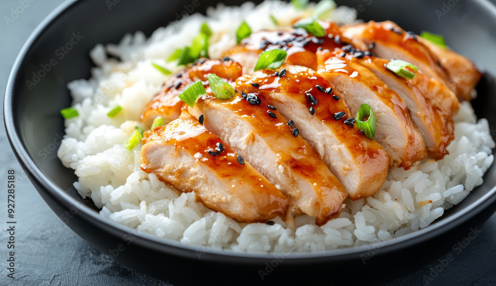 plate of teriyaki chicken with white rice plate of teriyaki chicken with white rice