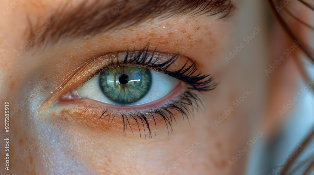 Obraz premium Close-up of a green eye with detailed eyelashes and freckles, capturing a stunning and intimate portrait.