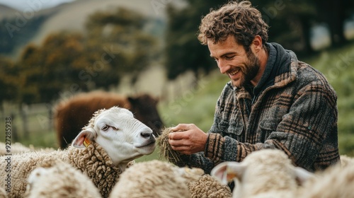 Plaid-Clad Shepherd Tending a Flock, Feeding Hay to a Sheep