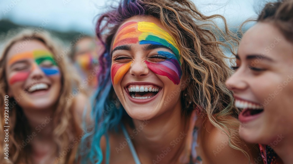 Fototapeta premium Rainbow Smiles: Three Women Celebrate Freedom and Joy