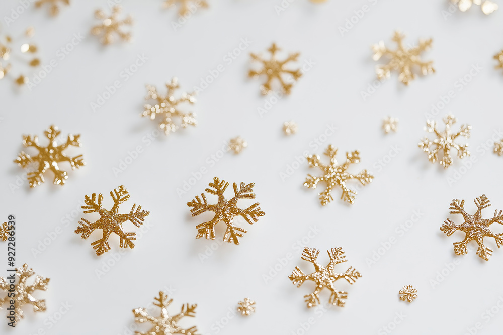 Gold snowflakes scattered on a white background, creating a luxurious and festive winter pattern. The contrast between the gold and white adds elegance and holiday spirit to the image. Gold snowflakes scattered on a white background, creating a luxurious and festive winter pattern. The contrast between the gold and white adds elegance and holiday spirit to the image.