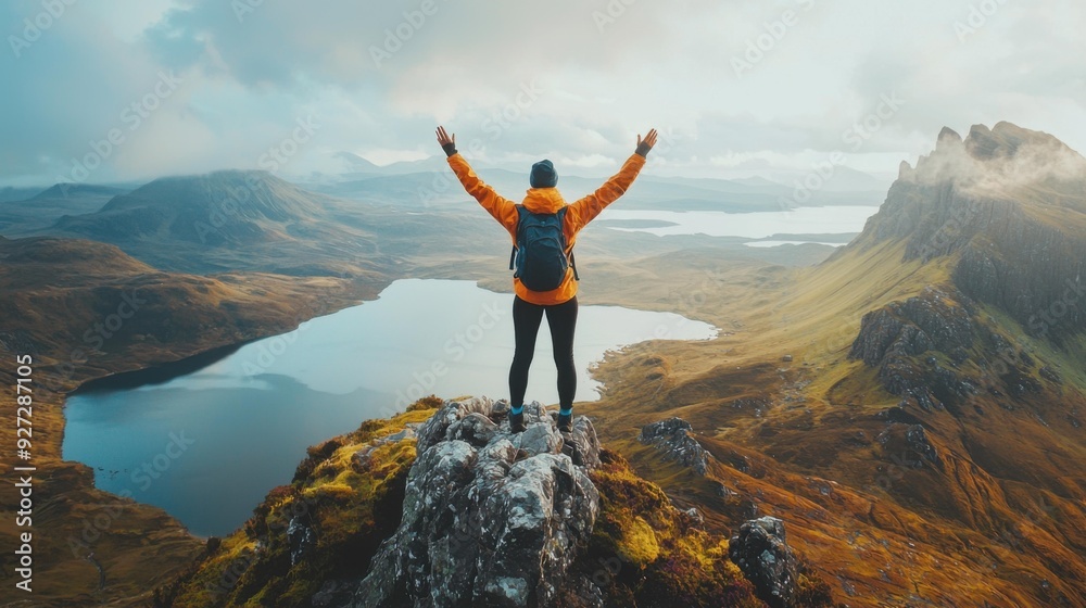 Obraz premium Triumphant Figure Conquers Scottish Highland Peak