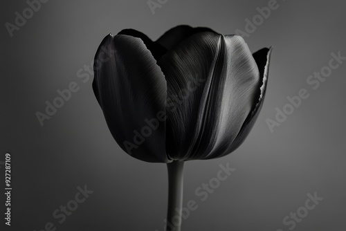 Elegant rare black tulip blooming against a monochromatic backdrop photo