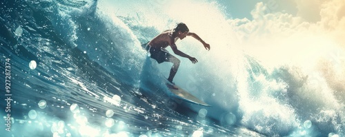 Young surfer riding a powerful wave in the ocean. Free copy space for text.