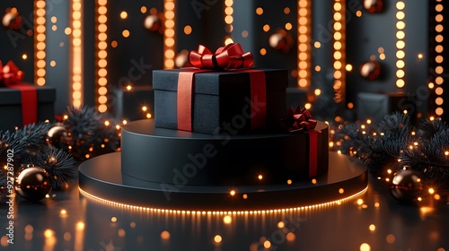 3D design studio with a Black Friday podium, golden neon lights, black gift box, red bow, and shopping bags in vector illustration. photo