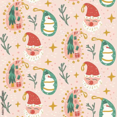Christmas balls seamless pattern. Happy New Year paisley endless background. Festive spirit repeat cover. Santa Claus and snowman with Christmas tree continuous surface. Vector flat illustration.