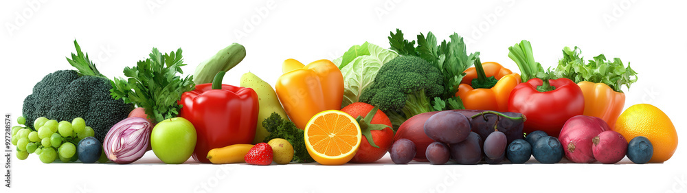 A row of fruits and vegetables including apples, oranges, grapes, broccoli A row of fruits and vegetables including apples, oranges, grapes, broccoli