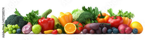 A row of fruits and vegetables including apples, oranges, grapes, broccoli