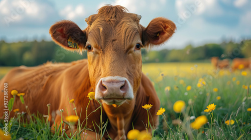 Cow in meadow close-up portrait pastoral scene farm life nature rural agriculture photo